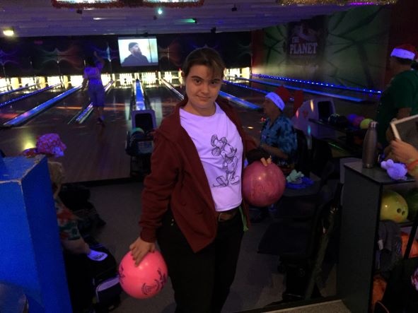 Alishia getting ready to play bowling