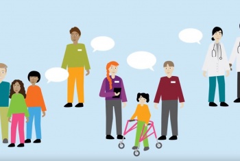 Animation of groups of people with empty speech bubbles - a still from the video features