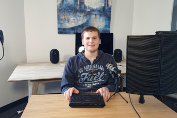 Sam Valanis feeling proud with his audio recording equipment